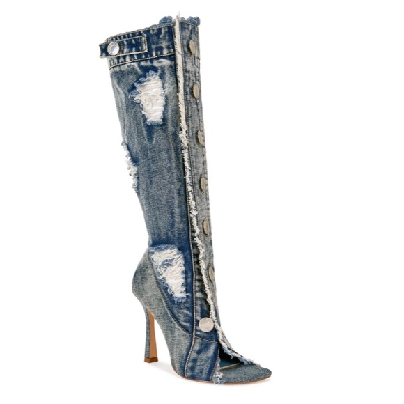 Azalea Wang Shoes - Distressed Denim High Heel Boots